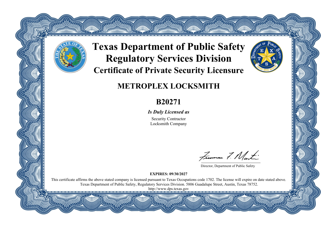 Texas DPS Certificate of Private Security Licensure - Metroplex Locksmith, license B20271